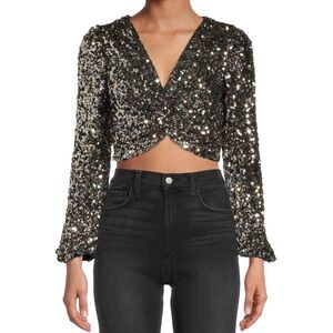 NWT Astr The Label Nix Sequin V Neck Long Sleeve Tulip Hem Cropped Top Size Med